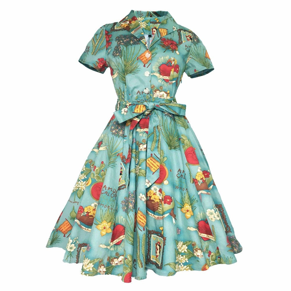 Women Vintage Flamingo Dress Casual Green Swing Sundress
