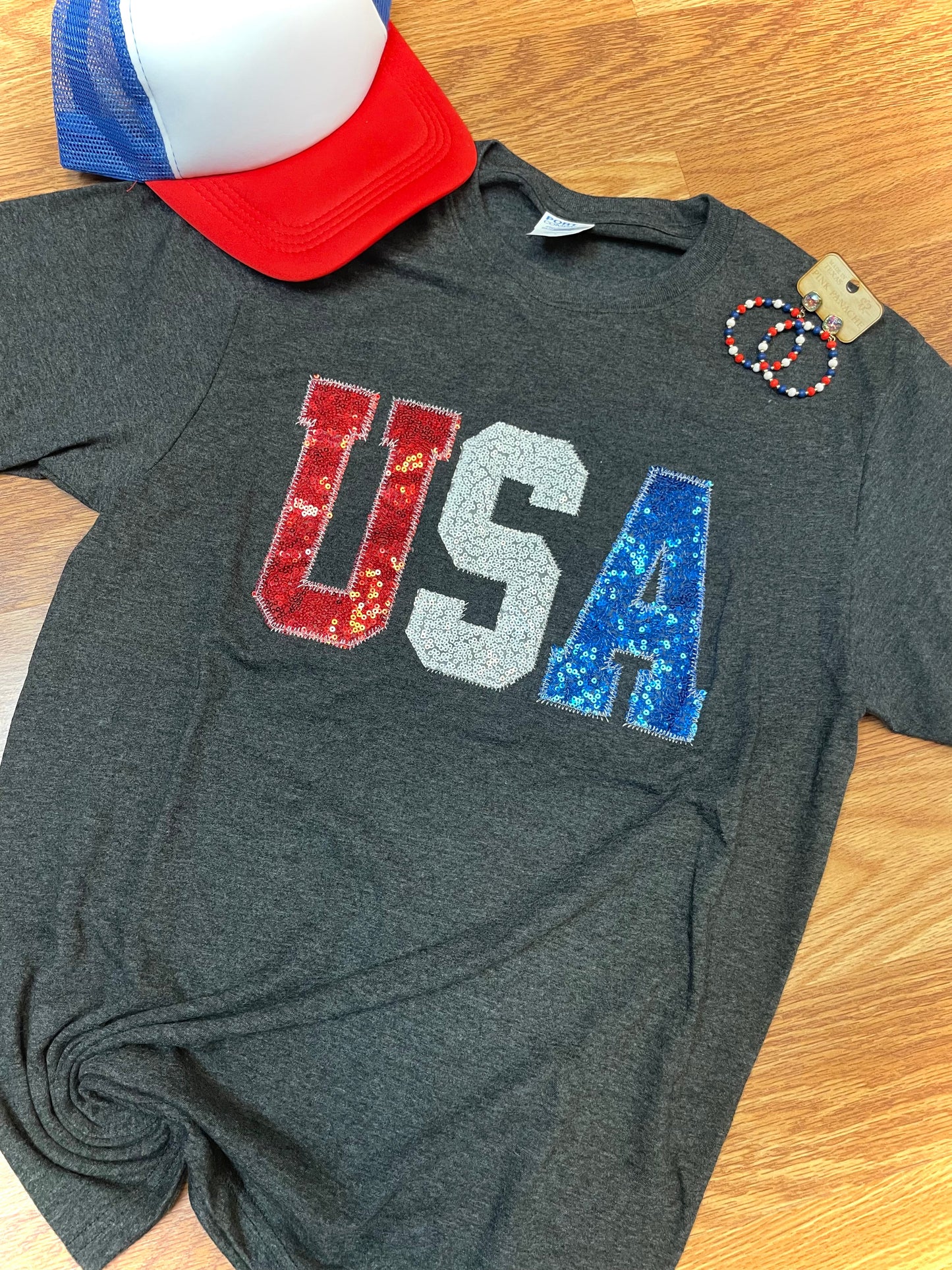 USA Sequin Dark Grey Tee