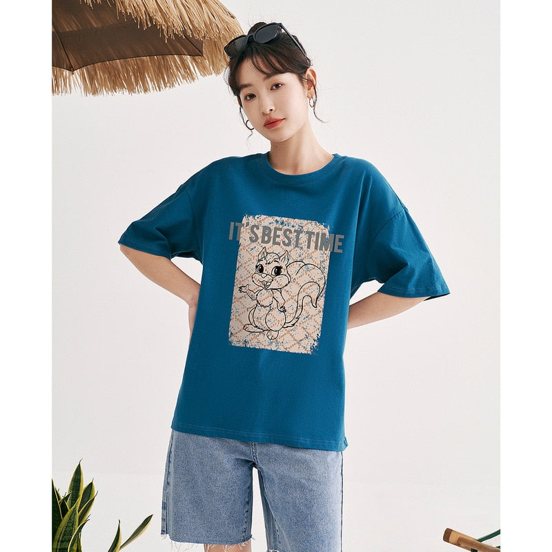 Women T-shirt Summer Loose Tees Squirrel Letter Print Pure