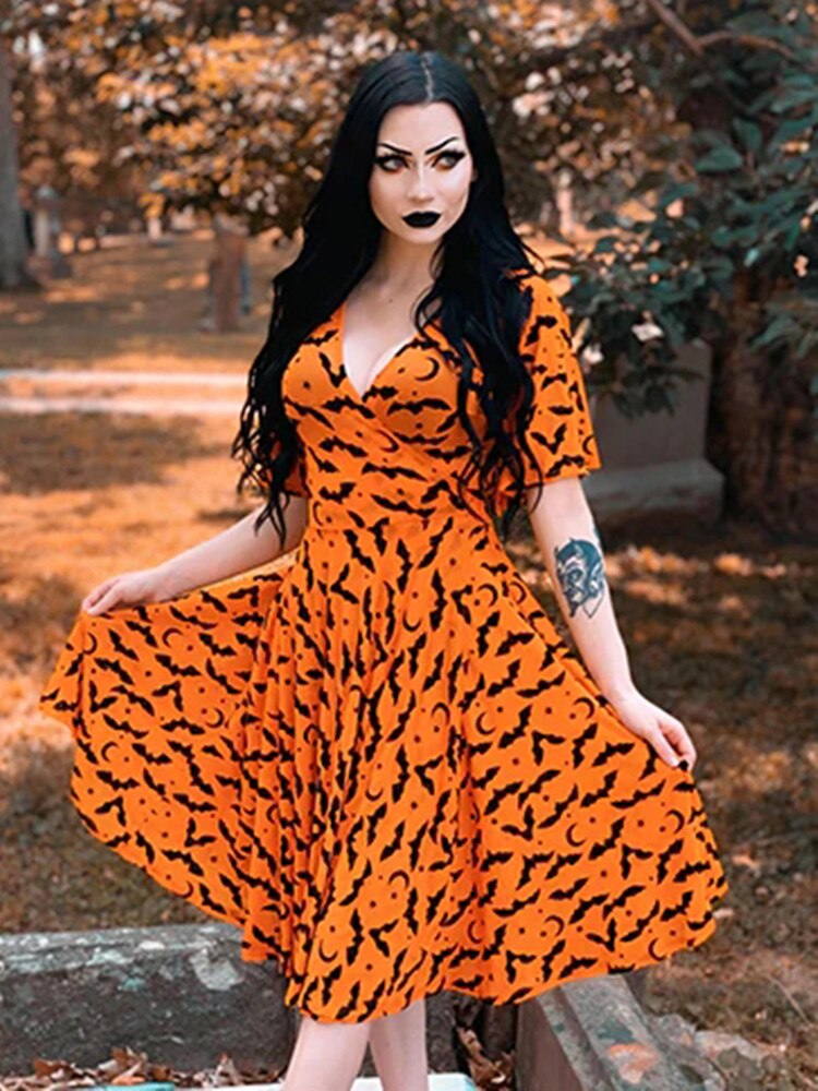 Women Mall Gothic Orange Deep V-neck Fairy Grunge Dress