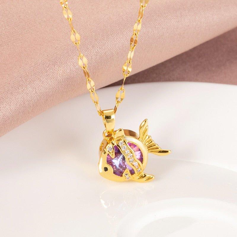 Zircon Crystal Gold Color Fish Pendant Stainless Steel - Animal Amity