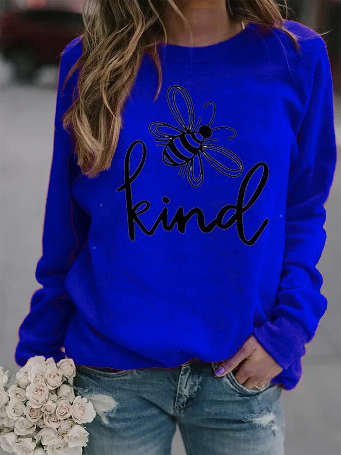 Women Bee Kind Printed Hoodies Fleece Loose Sweatshirt Girls