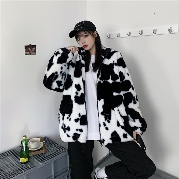 Winter Harajuku Cows Printing Loose Coat Jacket