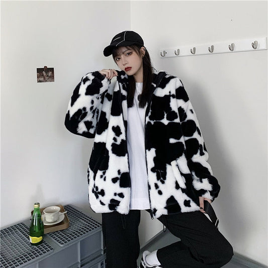 Winter Harajuku Cows Printing Loose Coat Jacket