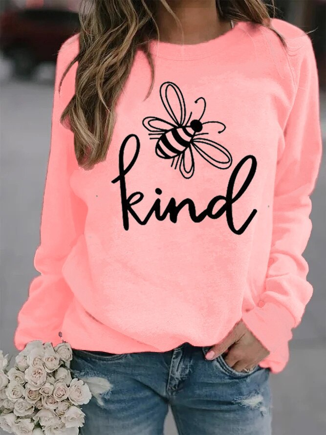 Women Bee Kind Printed Hoodies Fleece Loose Sweatshirt Girls