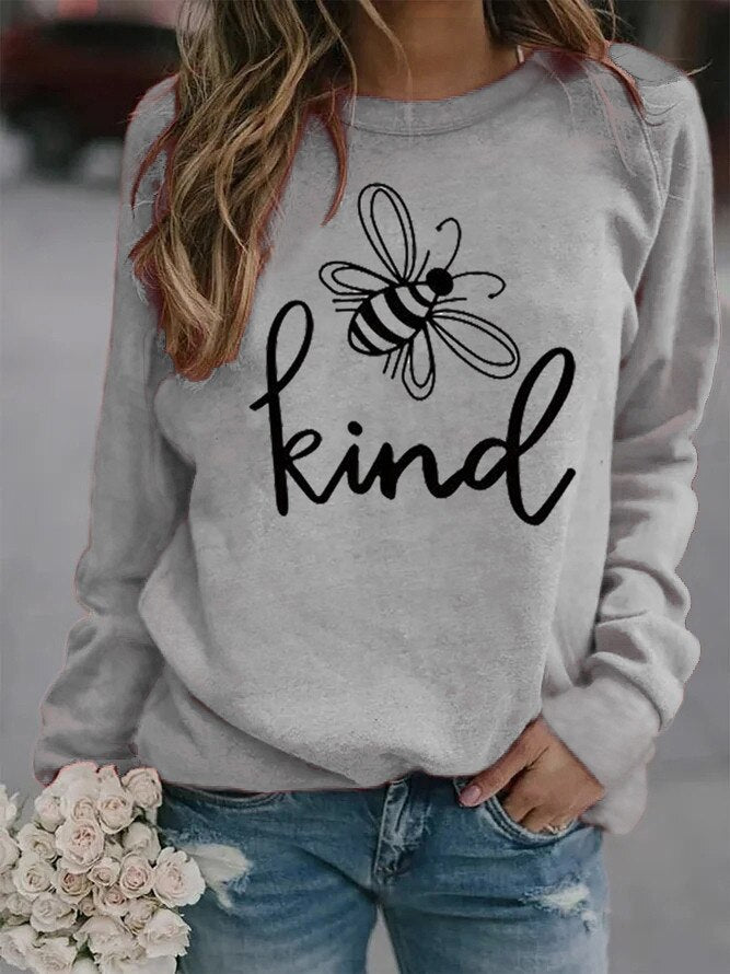 Women Bee Kind Printed Hoodies Fleece Loose Sweatshirt Girls