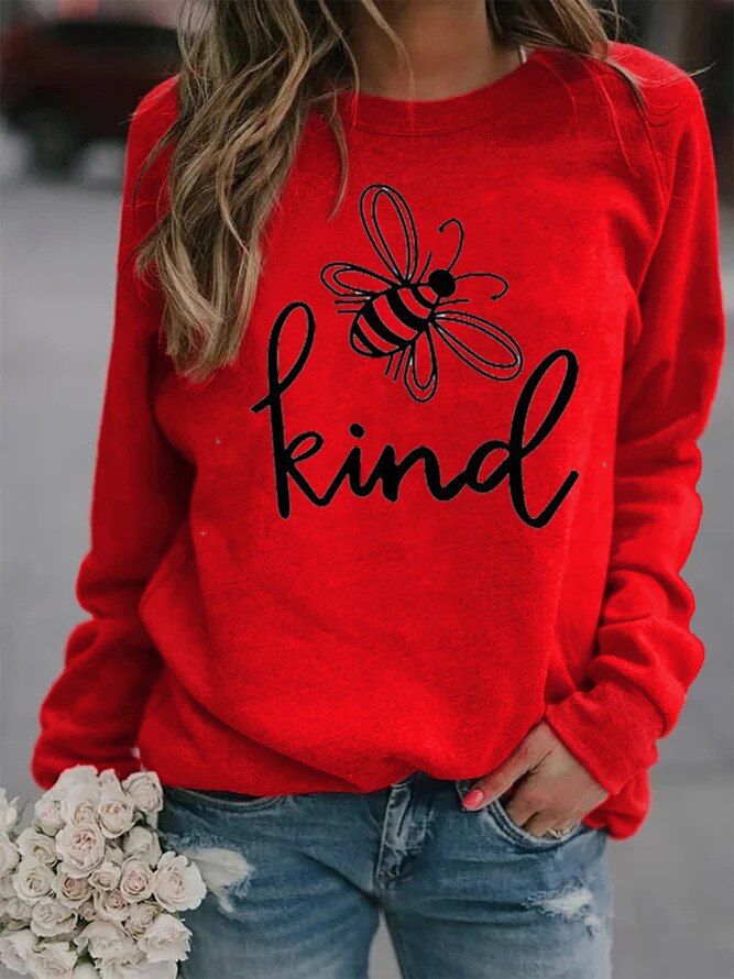Women Bee Kind Printed Hoodies Fleece Loose Sweatshirt Girls