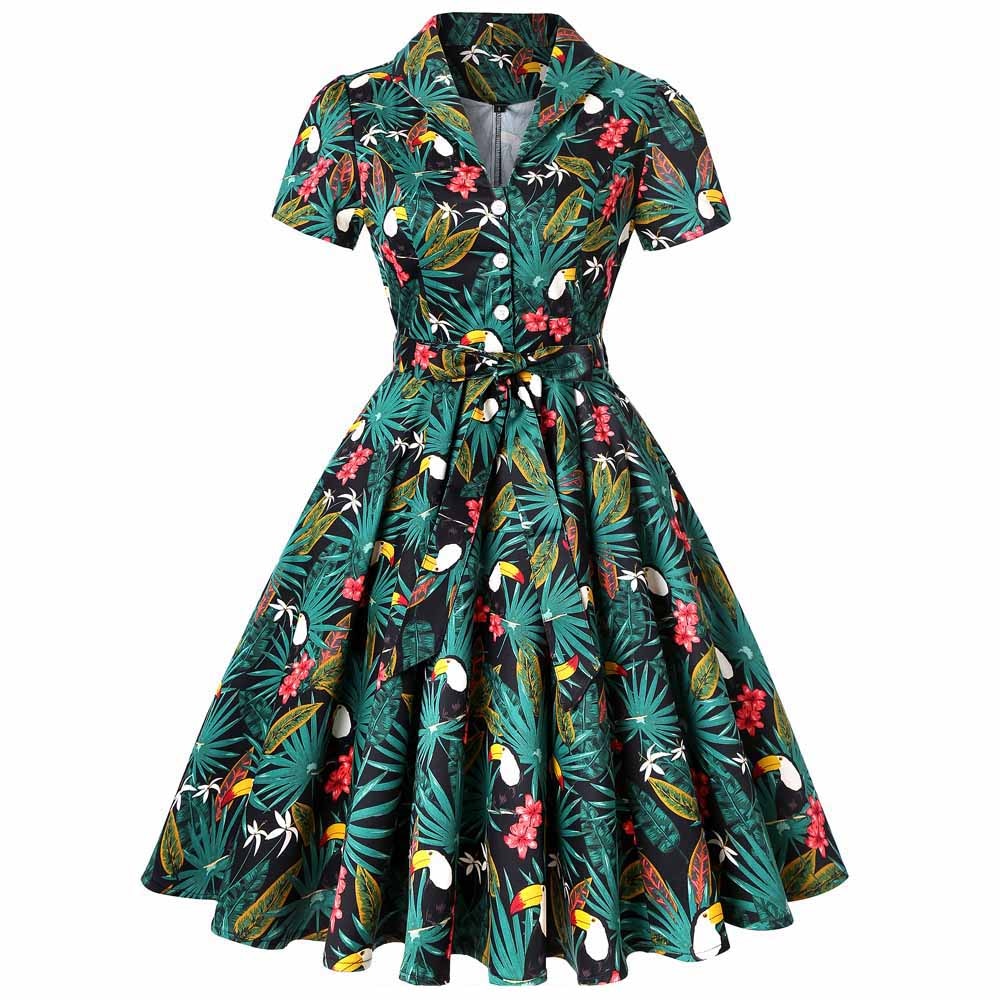 Women Vintage Flamingo Dress Casual Green Swing Sundress