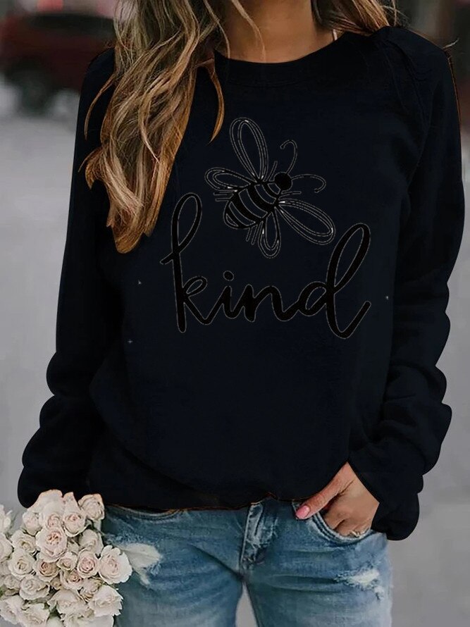 Women Bee Kind Printed Hoodies Fleece Loose Sweatshirt Girls