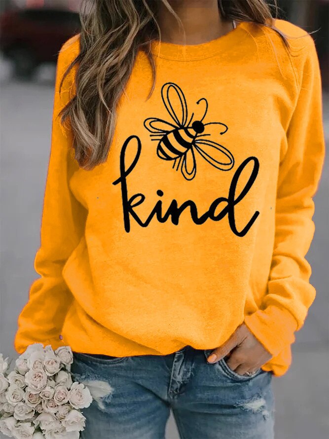 Women Bee Kind Printed Hoodies Fleece Loose Sweatshirt Girls