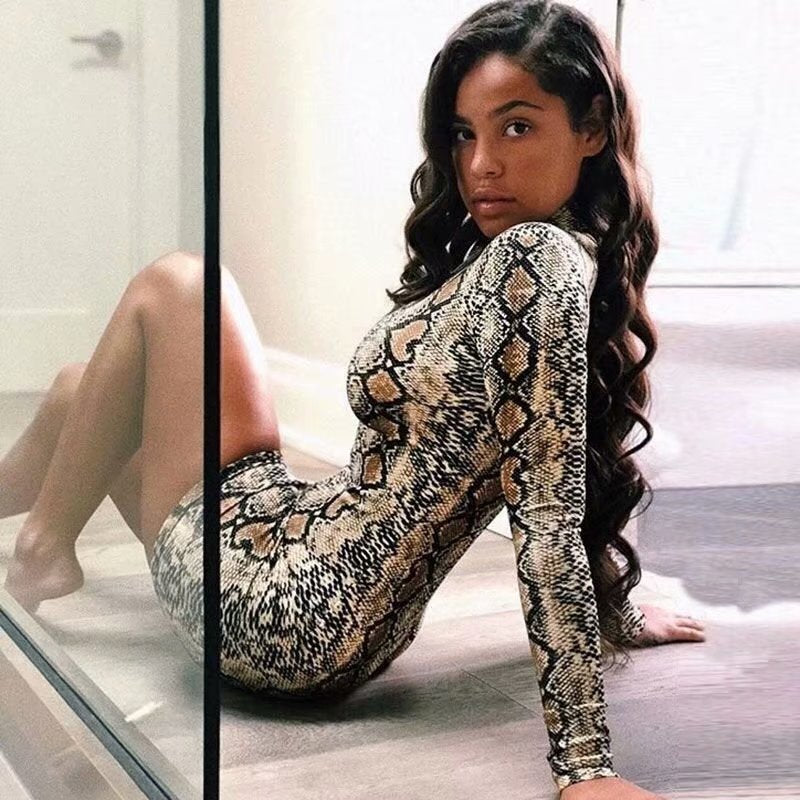 Women Sexy Tight Snake Print Turtleneck Long Sleeve Elastic Dress