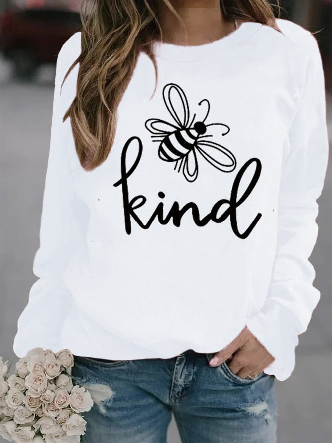 Women Bee Kind Printed Hoodies Fleece Loose Sweatshirt Girls