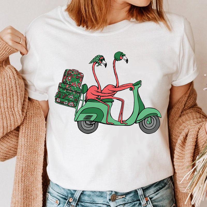 Women Short Sleeve Flower Flamingo Beach Fashion T Shirt