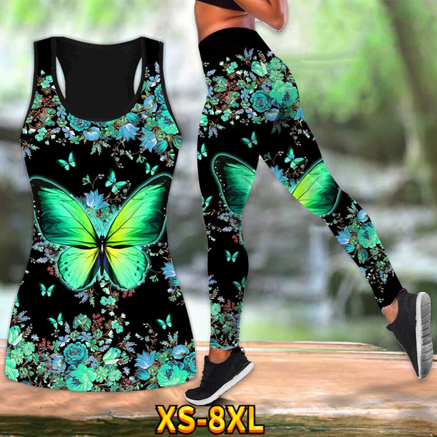 Women Summer Yoga Vest Butterfly Pattern Yoga Pants Colorful