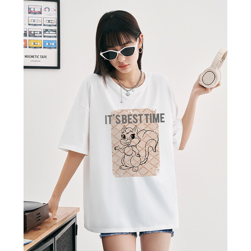 Women T-shirt Summer Loose Tees Squirrel Letter Print Pure