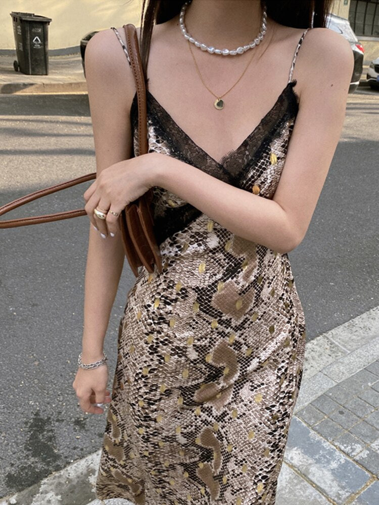Women Snake Print Summer Brown Backless Long Slip Dress