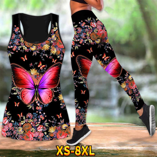 Women Summer Yoga Vest Butterfly Pattern Yoga Pants Colorful