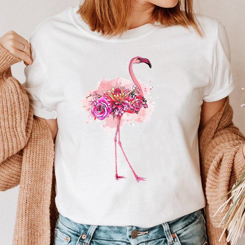 Women Short Sleeve Flower Flamingo Beach Fashion T Shirt