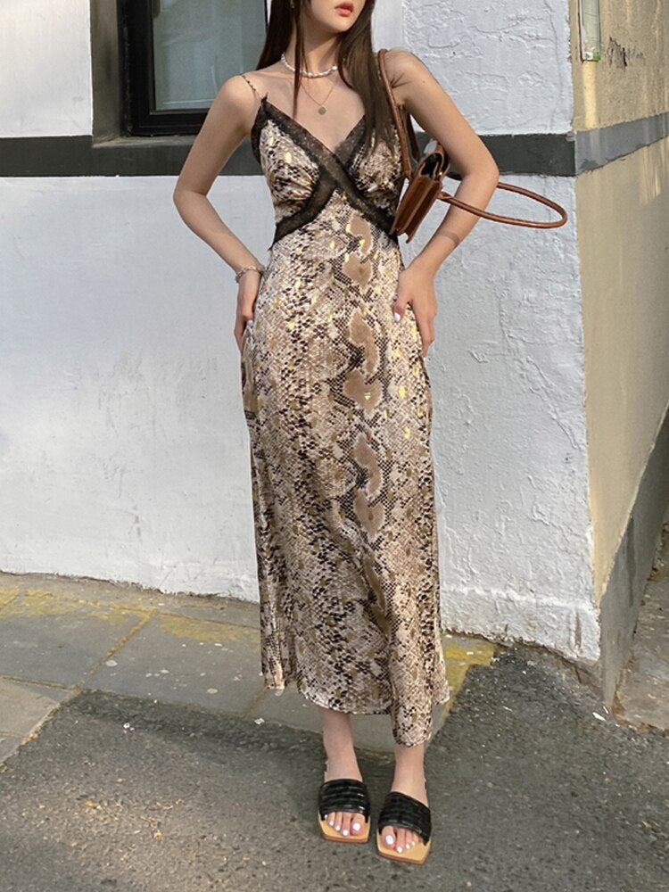 Women Snake Print Summer Brown Backless Long Slip Dress