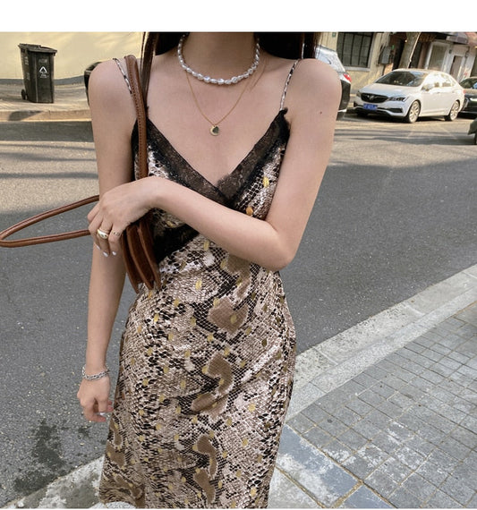 Women Snake Print Summer Brown Backless Long Slip Dress