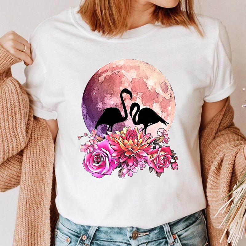 Women Short Sleeve Flower Flamingo Beach Fashion T Shirt