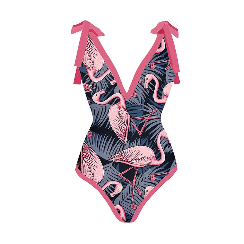 Woman Flamingo Print One Piece Swimsuit Bikini Swimwear