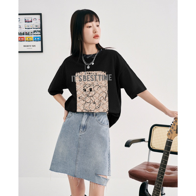 Women T-shirt Summer Loose Tees Squirrel Letter Print Pure