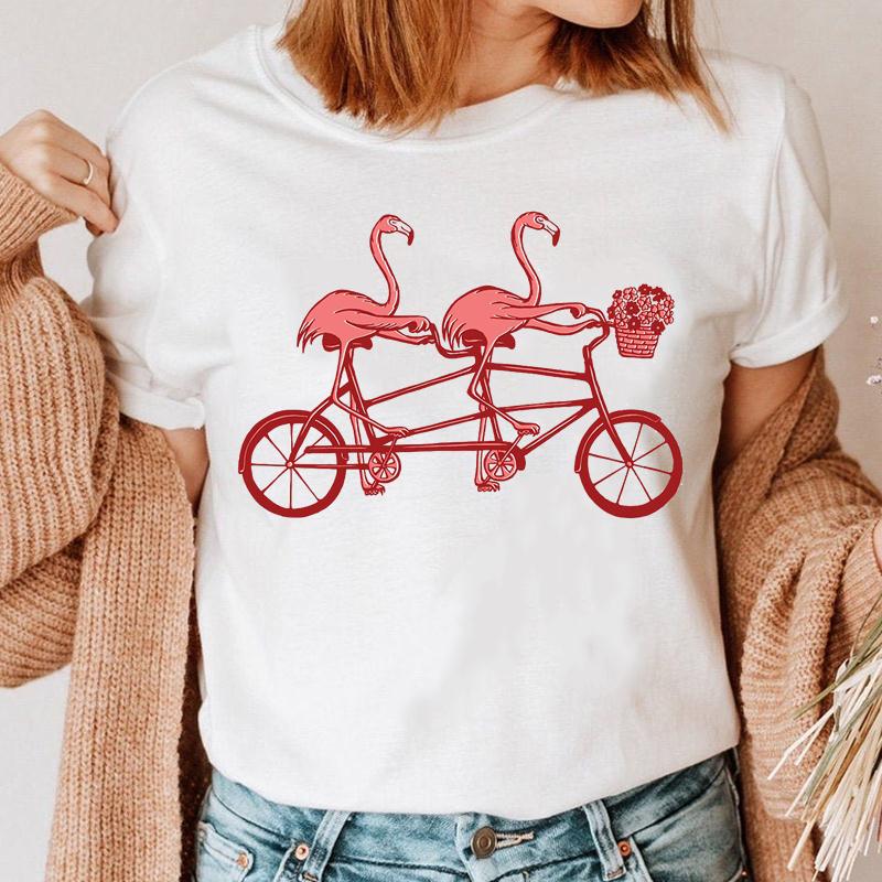 Women Short Sleeve Flower Flamingo Beach Fashion T Shirt