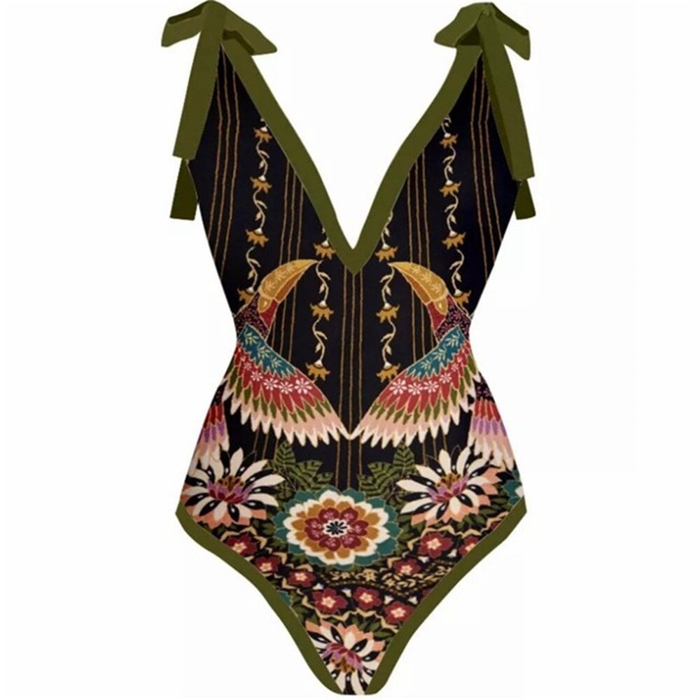 Woman Flamingo Print One Piece Swimsuit Bikini Swimwear