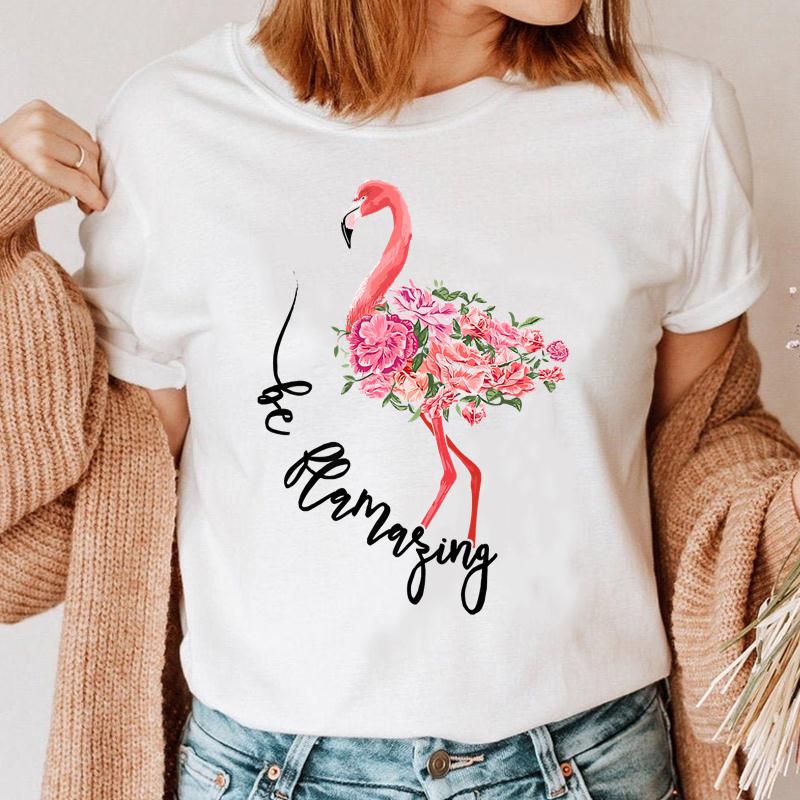 Women Short Sleeve Flower Flamingo Beach Fashion T Shirt