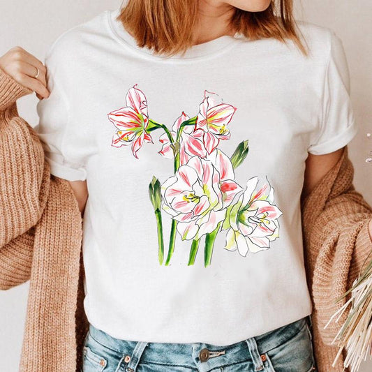Women Short Sleeve Flower Flamingo Beach Fashion T Shirt