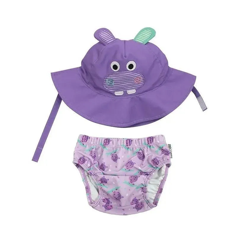 Zoochini - Baby Girl Swim Diaper & Sun Hat Set, The Hippo